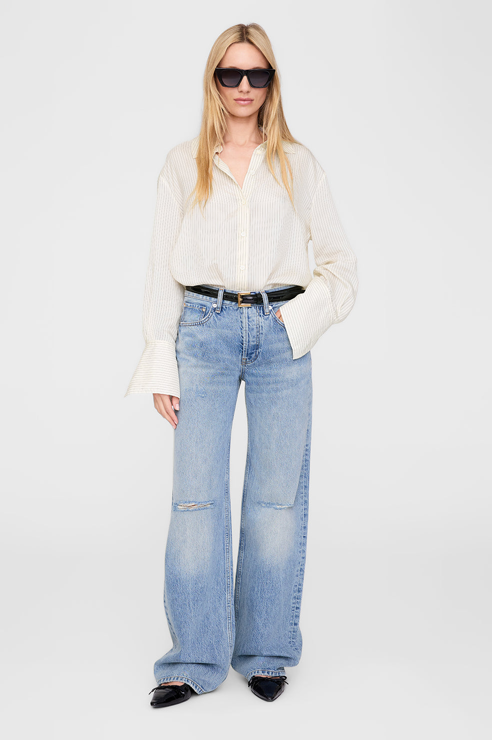 ANINE BING Bridget Shirt - Ivory And Black Pinstripe - On Model Front 
