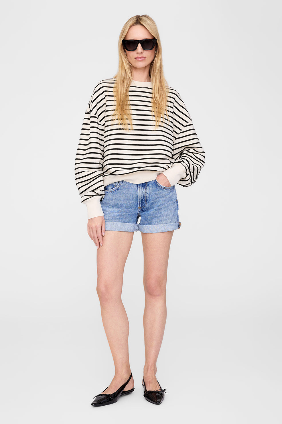 ANINE BING Dean Sweatshirt - Black Stripe French Terry - On Model Front 