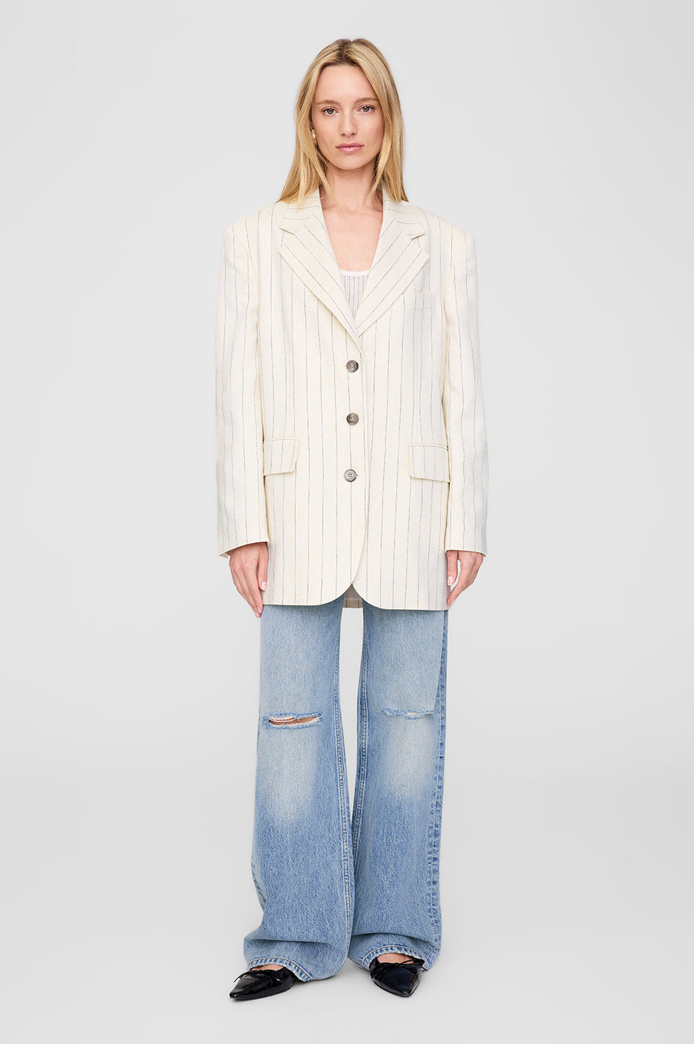 ANINE BING Sara Blazer - Cream And Black Stripe - On Model Front Second Image
